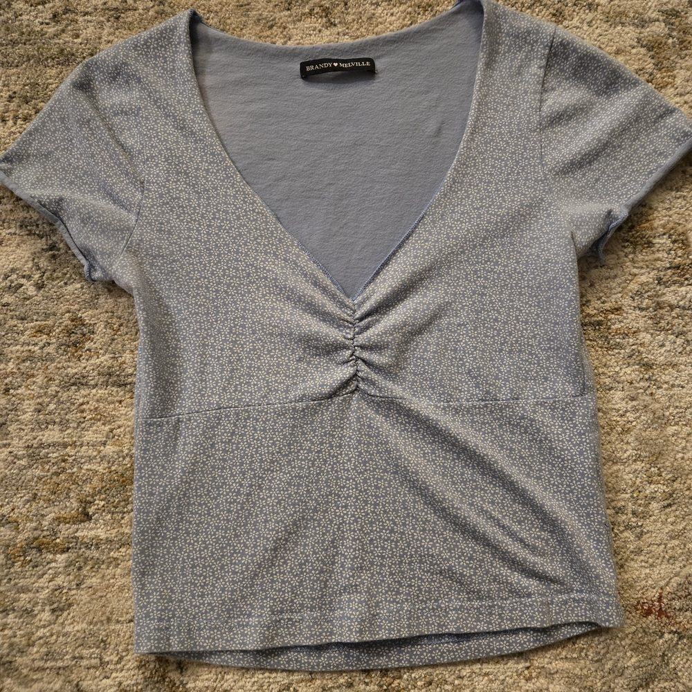 Brandy Melville Light Blue V-Neck Ruched Short Sleeve Top